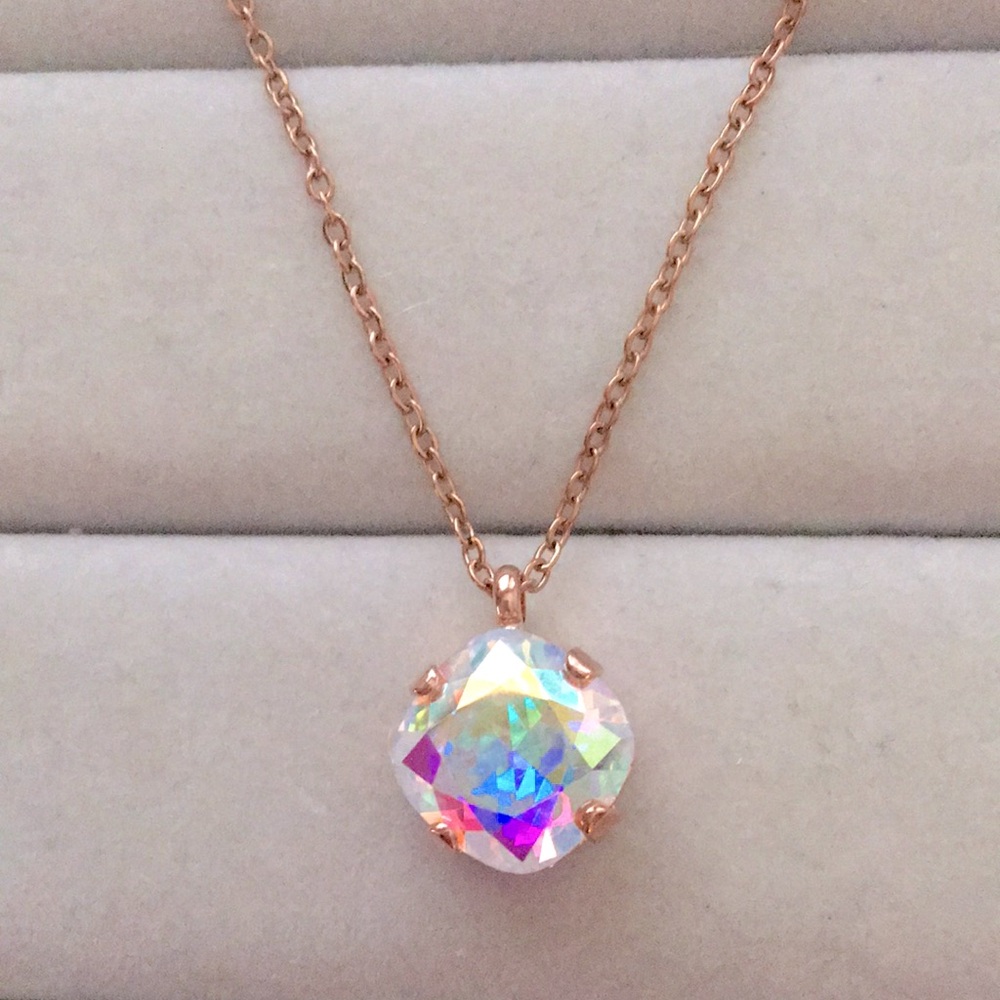 Aurora Borealis + Rose Gold Cushion Cut Crystal Drop Pendant Necklace - Picture 5 of 10